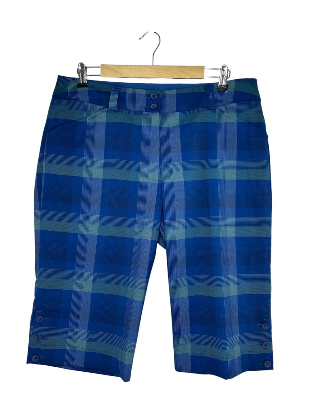Nike Golf Dri-Fit Plaid Blue Green Flat Front Pockets Stylish Bermuda Shorts 14